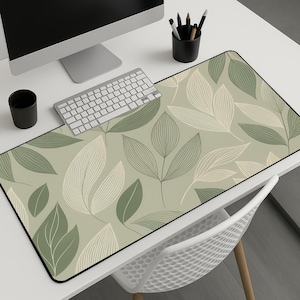 Minimalist Green Leaf Desk Mat, Botanical Office Desk Pad, Aesthetic Nature Mouse Pad, Modern Leafy Desk Decor Gift Idea