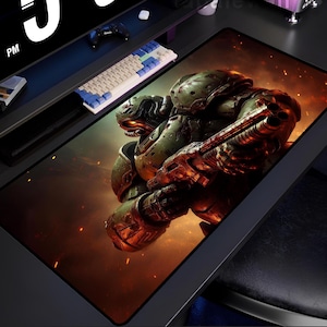 Tapis de souris gaming Epic Sci-Fi Warrior, tapis de bureau soldat blindé futuriste, accessoire de jeu de tir FPS, grand tapis de souris rallongé pour gamers