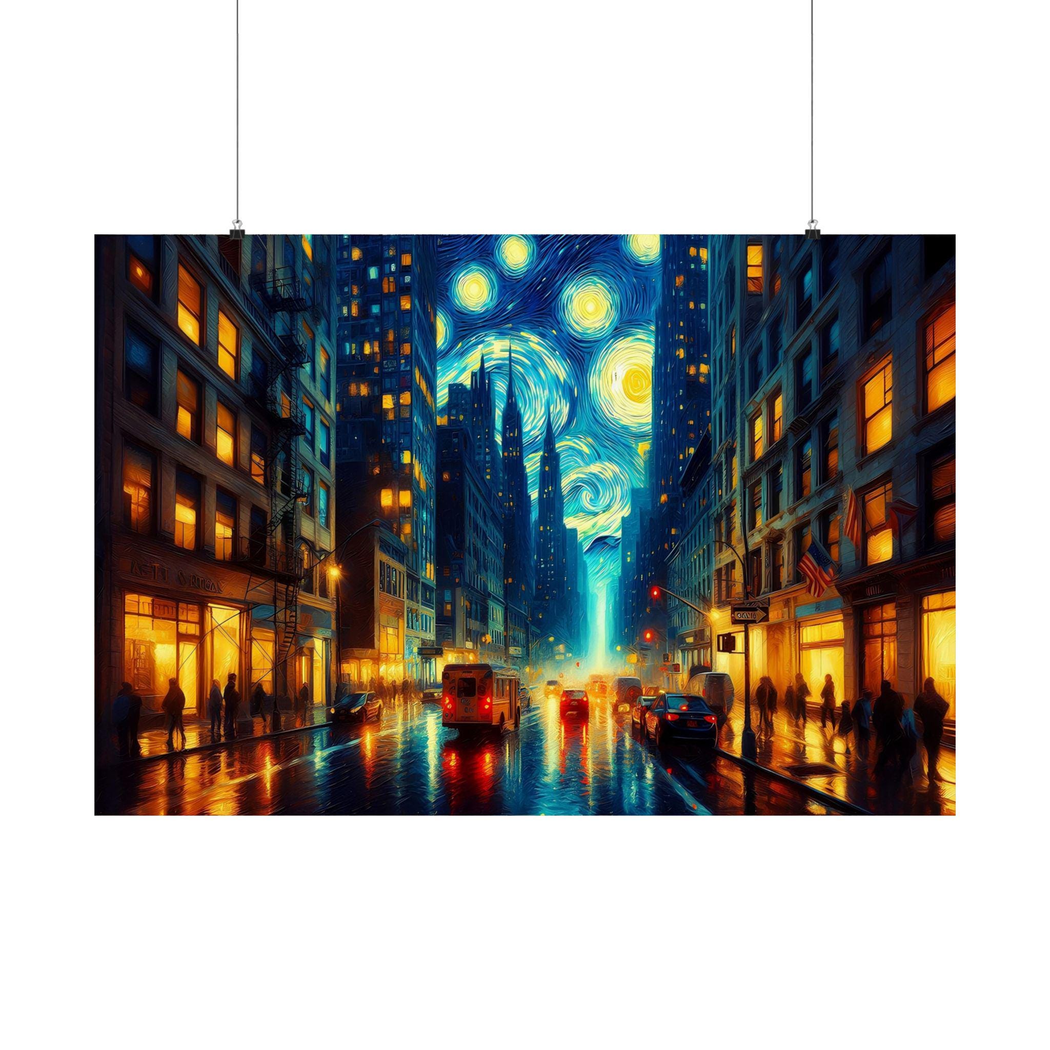 Starry Night New York City Poster, Van Gogh Style Urban Cityscape Art ...