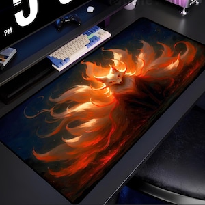 Nine Tailed Fox Mouse Pad, Mystical Fire Kitsune Desk Mat, Large Extended Mousepad with Fantasy Flame Fox Art, Non-Slip Gaming Surface