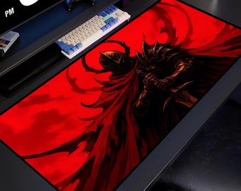 Dark Knight Warrior Art, Red Gothic Samurai Desk Mat, Medieval Fantasy Mouse Pad, Dark Armor Gaming Pad, Epic Battle Gift