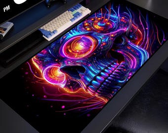 Podkładka pod mysz do gier Cyberpunk Skull, Neon Sci-Fi Desk Mat, Futurystyczna podkładka pod mysz Tech Skull, Duża podkładka RGB dla graczy, Cyber Aesthetic Gift