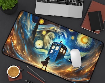 Van Gogh&#39;s Starry Night and Doctor Tardis Design, Non-Slip Rubber Base, Tardis-Inspired Desk Mat, Perfect for Gamers & Offices