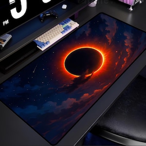 Solar Eclipse Desk Mat, Cosmic Office Mouse Pad, Celestial Space Desk Decor, Astronomy Inspired Mat, Sunset and Night Sky Aesthetic