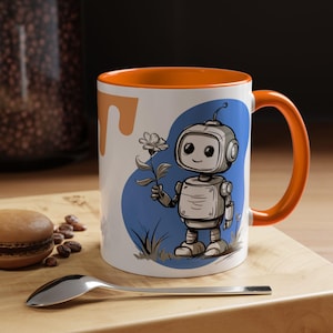 Encantadora y linda taza de robot con arte floral, taza de café con un divertido robot de dibujos animados, regalo tecnológico único para amantes de los robots.