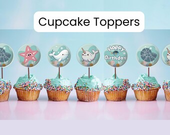 Beluga whale, ocean under the sea Themed Birthday Party Decor Printable Bundle, starfish and narwhal creatures custom made cupcake toppers