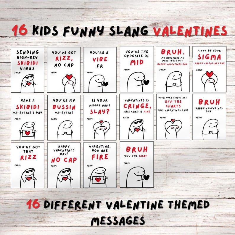 Kids Funny Slang 16 Valentine’s cards, tween, school boys girls valentines day gift. Printable PDF skibidi, rizz, funny. Perfect for school image 2