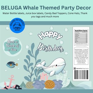 Op de afbeelding: Een printbaar feestdecorontwerp met een witte belugawal die zwemt in een oceaan-scène met koraal, zeewier en bubbels. De tekst "Happy Birthday" is geschreven in een speels lettertype. Het ontwerp is perfect voor een belugawal-themafeest.
