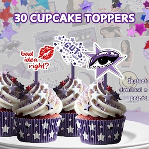 Adornos para cupcakes con temática de cantante pop Olivia, adorno para tarta con temática de tripas moradas, fiesta de estrella del pop para niños, adolescentes y adultos. Decoración de cumpleaños