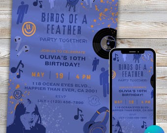 Birds of a Feather Themed Party Invitation, Billie Eilish inspired, Kids Teens Adults Birthday invite, Canva Editable, Personalized Theme