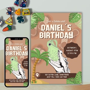 Peut inclure: Une invitation d'anniversaire sur fond marron avec le texte "Daniel's Birthday". Le design comprend un crocodile tenant une chaussure verte, des palmiers, la date et l'heure de l'événement. Un smartphone affiche la même invitation.