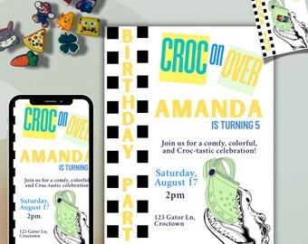 Croc Birthday Pool Beach Party Invitation Thank You Tags Instant Personalized Canva Editable Invite Template