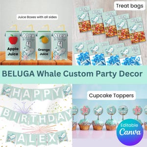 May include: A set of printable party decorations featuring a beluga whale theme. The set includes juice boxes, treat bags, cupcake toppers, and a banner that says "Happy Birthday Alex".