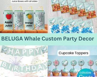 Customizable Editable Template Beluga whale, ocean under the sea Themed Birthday Party Decor labels Banner Tags bundle kit juice water chips