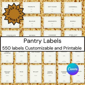Puede incluir: Un conjunto de 550 etiquetas de despensa imprimibles con una variedad de alimentos, que incluyen arroz, quinoa, avena, lentejas y especias. Las etiquetas son blancas con texto negro y están diseñadas para ser fáciles de imprimir y personalizar.
