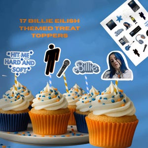 HMHAS Billie Cupcake traktatie toppers, popster thema taartdecoratie, blauwe zanger partij stickers, kinderen tieners volwassenen verjaardag decor, taart decor