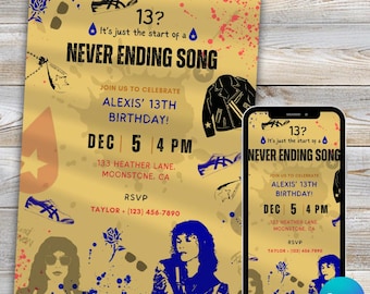 Never Ending Song Invitation, Music Themed Pop star Party, Kids Teen Birthday ideas, Adult celebration invite, Canva editable, Printable