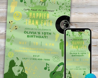 Happier Than Ever Invitation, singer Inspired, Kids Teens Adult Party invite, Pop singer themed, Canva Editable, Personalized