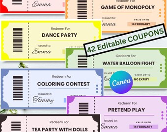 Customizable Editable Kids Coupons digital easy download birthdays Christmas anniversary valentines day gift ideas special events parties