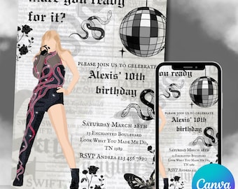 Reputation Era Taylor Adult Teens Tweens Birthday party Invitation Canva template Printable editable customizable Digital Download