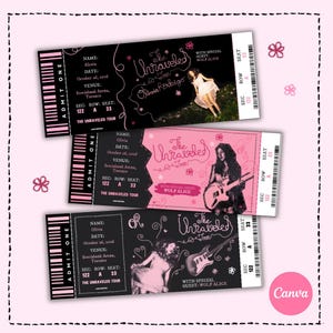 May include: Three concert tickets for "The Unraveled Tour" featuring Olivia Rodrigo and Wolf Alice. The tickets are black and pink with the text "ADMIT ONE" and event details. The tickets have a floral design and the Canva logo.