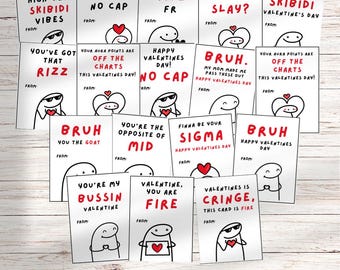 Kids Funny Slang 16 Valentine’s cards, tween, school boys girls valentines day gift. Printable PDF skibidi, rizz, funny. Perfect for school
