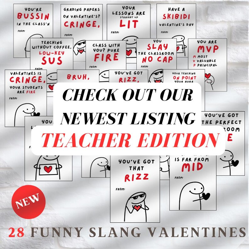 Kids Funny Slang 16 Valentine’s cards, tween, school boys girls valentines day gift. Printable PDF skibidi, rizz, funny. Perfect for school image 8