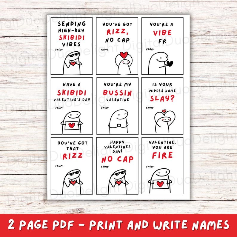 Kids Funny Slang 16 Valentine’s cards, tween, school boys girls valentines day gift. Printable PDF skibidi, rizz, funny. Perfect for school image 5