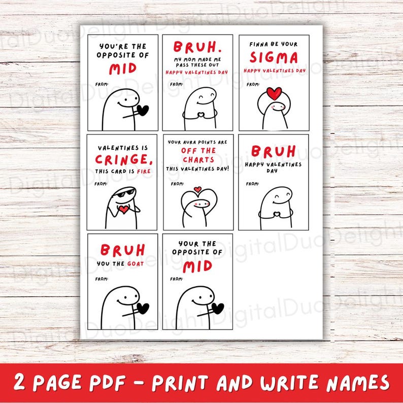 Kids Funny Slang 16 Valentine’s cards, tween, school boys girls valentines day gift. Printable PDF skibidi, rizz, funny. Perfect for school image 6