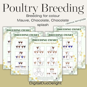 May include: Printable breeding charts for poultry, featuring different colour combinations, including mauve, chocolate, and chocolate splash. The charts are designed to help breeders understand the genetics of their birds and plan their breeding programmes.