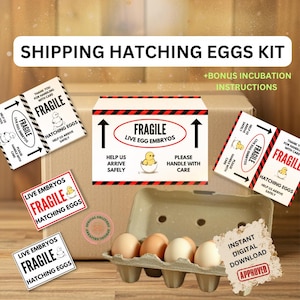 May include: A set of printable shipping labels for hatching eggs. The labels are red, black, and white with the words "Fragile Live Egg Embryos" and a cartoon chick. The labels also include instructions to handle with care and help the eggs arrive safely. The image also includes a carton of eggs and a digital download label.