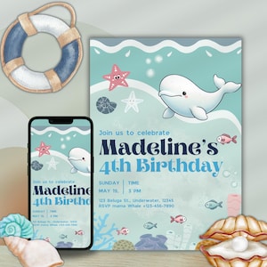 Geburtstags-Party Einladung Süßer Ocean Beluga Geburtstags-Einladung für Meeresgeschöpfe-Fans. Pool-Thema und Strandparty-Ideen Unter dem Meer