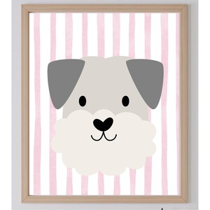 Lindo perro con fondo de rayas en color rosa, póster infantil, lámina artística habitación infantil, póster lindo perro, decoración de pared habitación infantil rosa gris