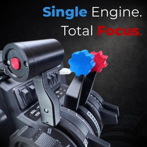 May include: Close-up of a black flight simulator throttle quadrant with red and blue knobs. The text "Single Engine. Total Focus." is displayed in blue and red.
