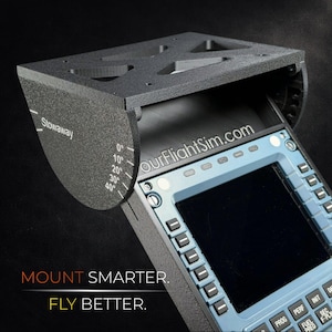 May include: A black flight simulator mount with the text "Stowaway" and angle markings. The mount is positioned over a blue and black control panel with the text "ourFlightSim.com". The image also includes the text "MOUNT SMARTER. FLY BETTER."