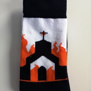 Evil Witch in Burning Church Socks  - Tattoo Socks - Spooky Scary Socks - Goth Socks - Custom Gift