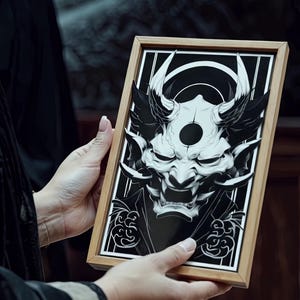 Evil Oni Mask Art Print in Natural Wood Frame --- Dark Japanese Wall Decor for Tattoo Lovers and Evil Souls