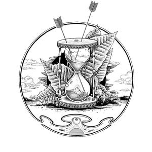 Peut inclure: Une illustration en noir et blanc d'un sablier avec des flèches qui le transpercent par le haut. Le sablier est entouré de feuilles et repose sur une surface avec un motif de soleil et d'œil.