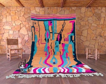 Orange Moroccan Rug, Hand-Knotted Geometric Wool Carpet - Vibrant Beni Ourain Style Berber Area Rug, Modern Abstract Rug, Berber Decor Rug.