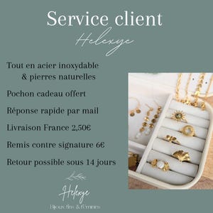 May include: A white jewelry organizer tray containing gold-toned rings and earrings. The rings feature designs including a sunburst, a heart, a bee, a ginkgo leaf, and a white stone. The text on the left reads Service client Helexye.