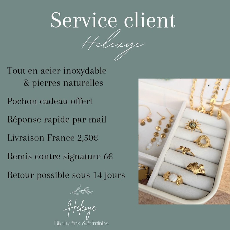 May include: A white jewelry organizer tray containing gold-toned rings and earrings. The rings feature designs including a sunburst, a heart, a bee, a ginkgo leaf, and a white stone. The text on the left reads Service client Helexye.