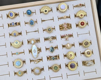 Gold-plated stainless steel rings. Natural stone, adjustable. Boho chic, minimalist. Lapis lazuli, turquoise, rhodochrosite, amethyst
