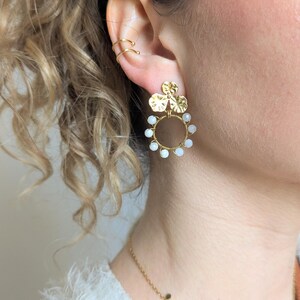 Gold-tone hammered stainless steel flower earrings, beaded circle with white moonstone natural stones