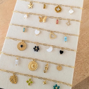 Charm bracelet, customizable charms in gold-plated stainless steel. Initial bracelet, natural stones, heart, star, ocean, bee