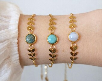 Armband met natuurstenen – verguld roestvrij staal – verstelbare dunne armband – bladketting – chique en minimalistische damessieraden