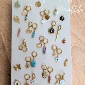 Mini hoop earrings with stainless steel charms. Personalized hoops, single loop, mismatched hoops. Natural stone