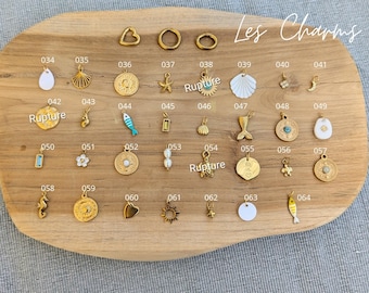 Individual charms, gold-plated stainless steel charms, initials, natural stones, mother-of-pearl. Themes: love, sea, seashell, eye...