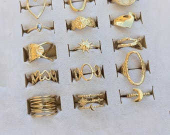 Gold-plated stainless steel rings. Customizable, adjustable. Heart, shell, flower, minimalist, sun, mother-of-pearl, trendy, chic, eye