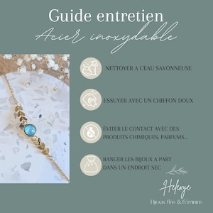May include: A gold-toned chain bracelet with leaf-shaped links and a central round blue stone. The image includes text: Guide entretien Acier inoxydable, Nettoyer &agrave; l'eau savonneuse, Essuyer avec un chiffon doux, &Eacute;viter le contact avec des produits chimiques, parfums, Ranger les bijoux &agrave; part dans un endroit sec, Helexye Bijoux fins & f&eacute;minins.