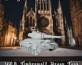 May include: A white M68 Timberwolf Heavy Tank miniature, set against a backdrop of a cathedral at night. The text "Wargaming Miniatures!" and "M68 Timberwolf Heavy Tank" are displayed. The tank features a long barrel and detailed tracks.
